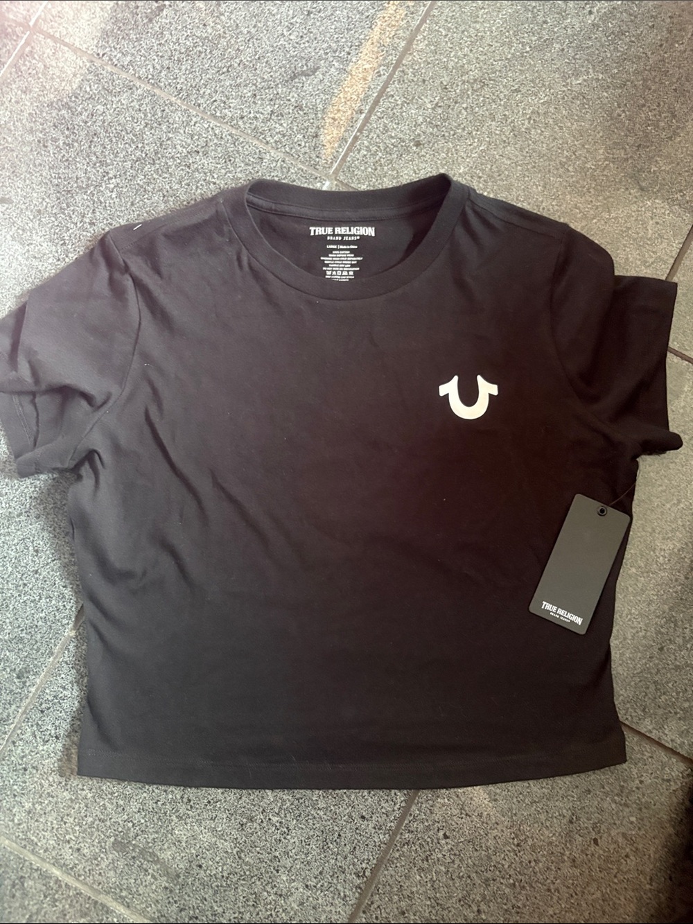True Religion Black Short Sleeve Crewneck with White Horseshoe Logo